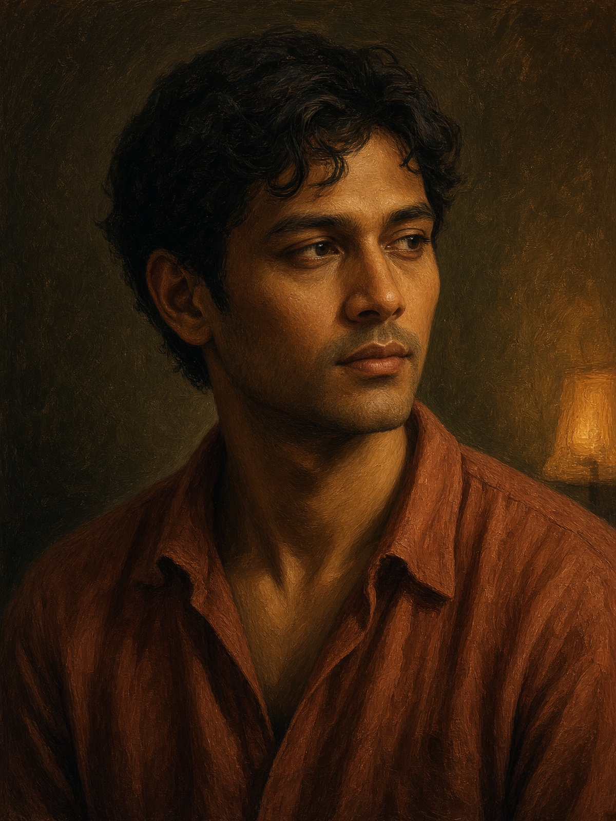 Painted portrait of Lark, quiet, listening in warm lamp light.